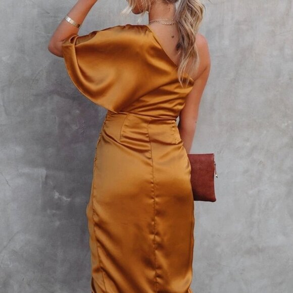 One-Shoulder Satin Wrap Dress with Side Slit | Sheath Formal Midi Dress - Picture 7 of 9